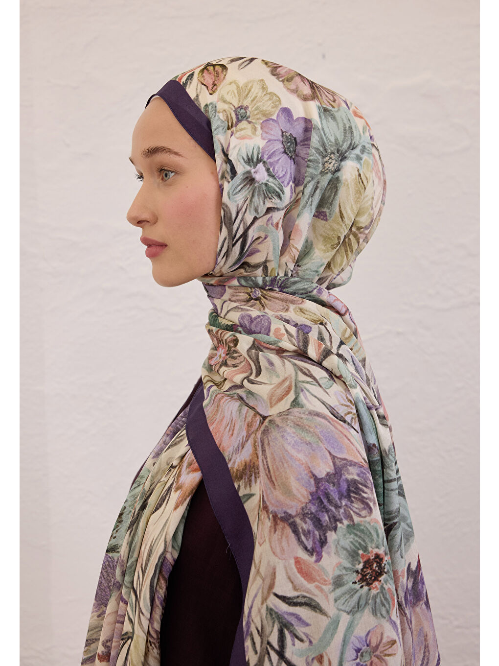 Vıntage Garden Desen Rami Şal Morcivert-3