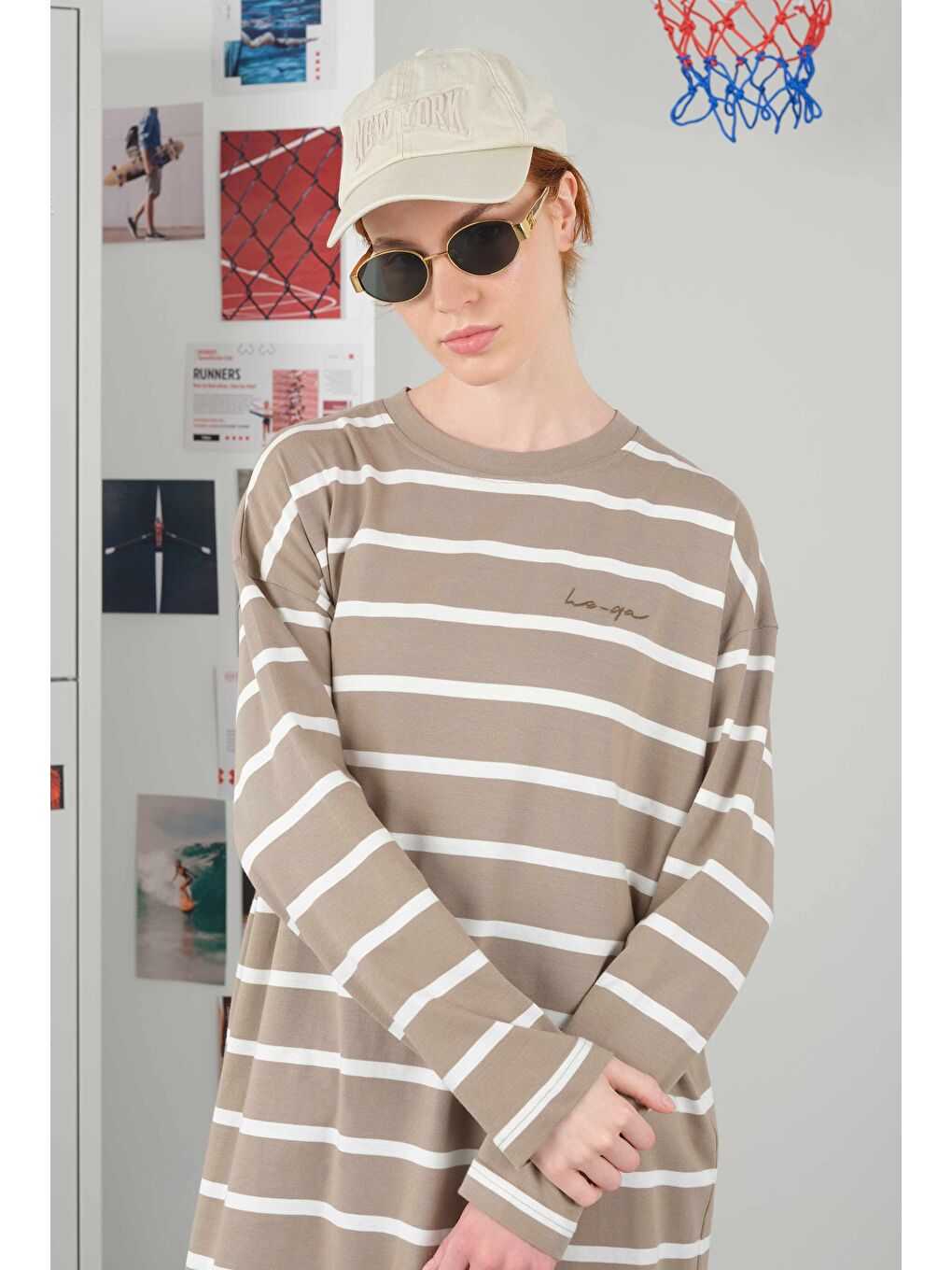 Bej Kalın Çizgili Sweat Uzun Vizon-1