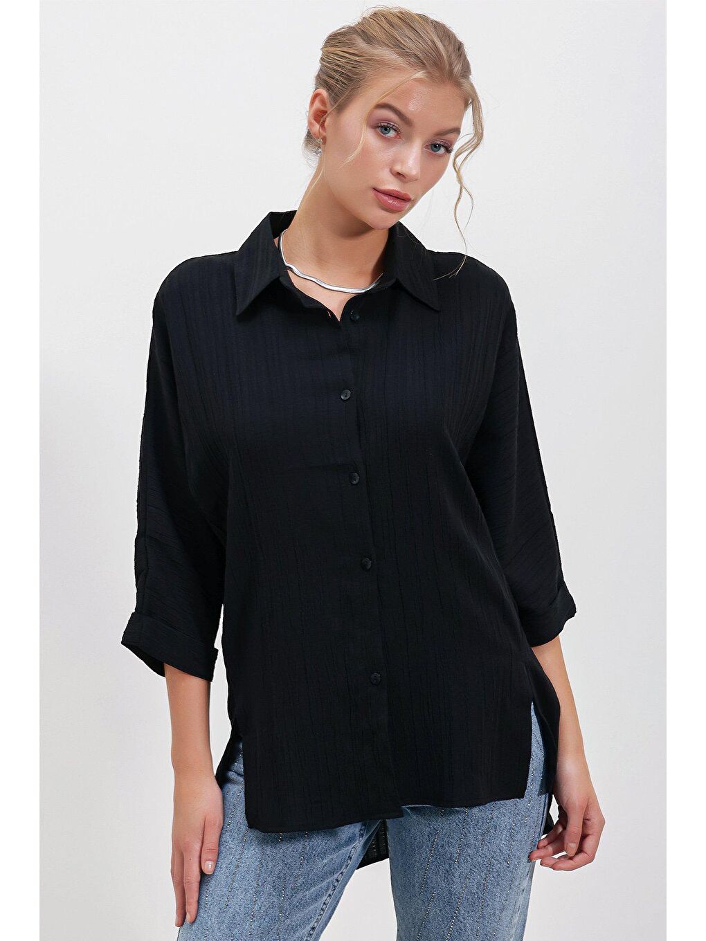 Siyah Uzun kollu Keten Gömlek-1