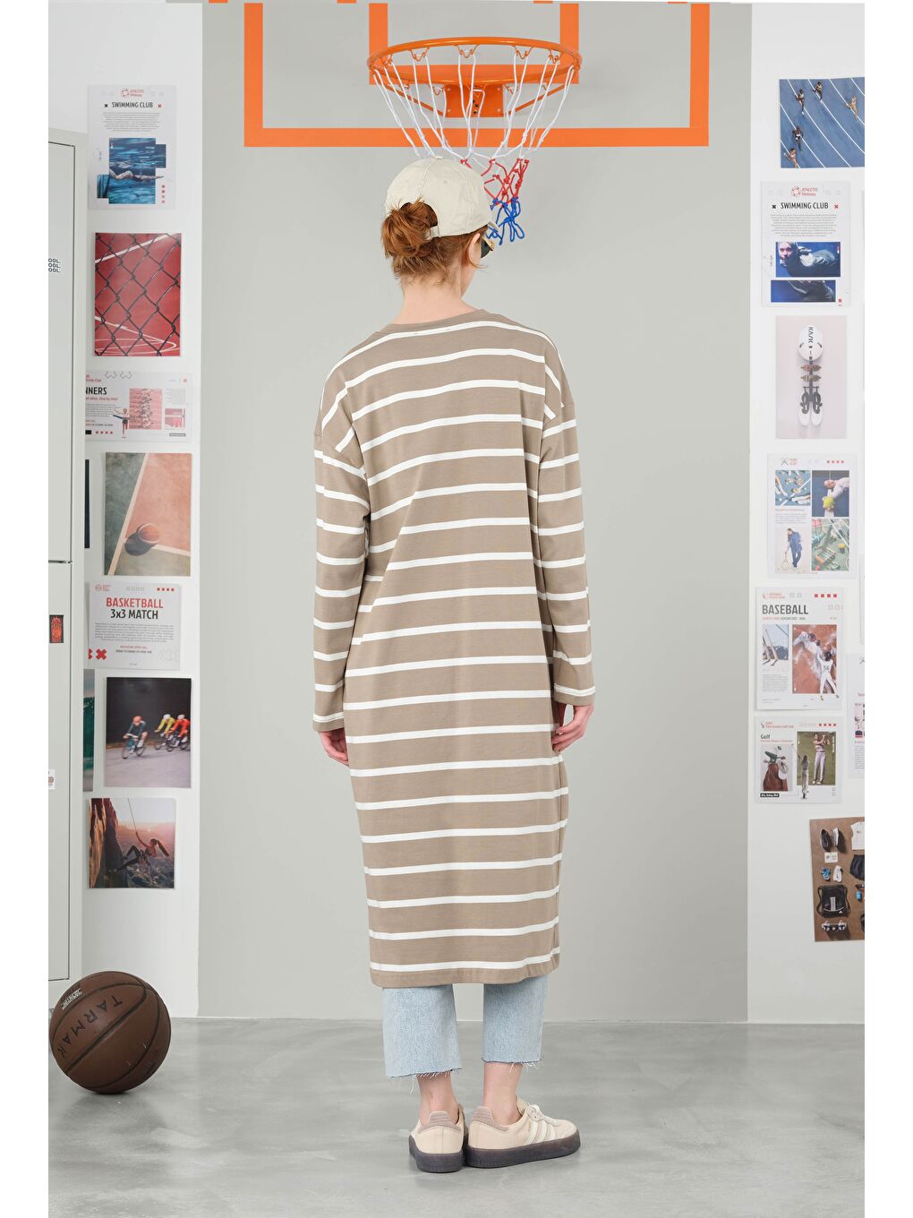 Bej Kalın Çizgili Sweat Uzun Vizon-2