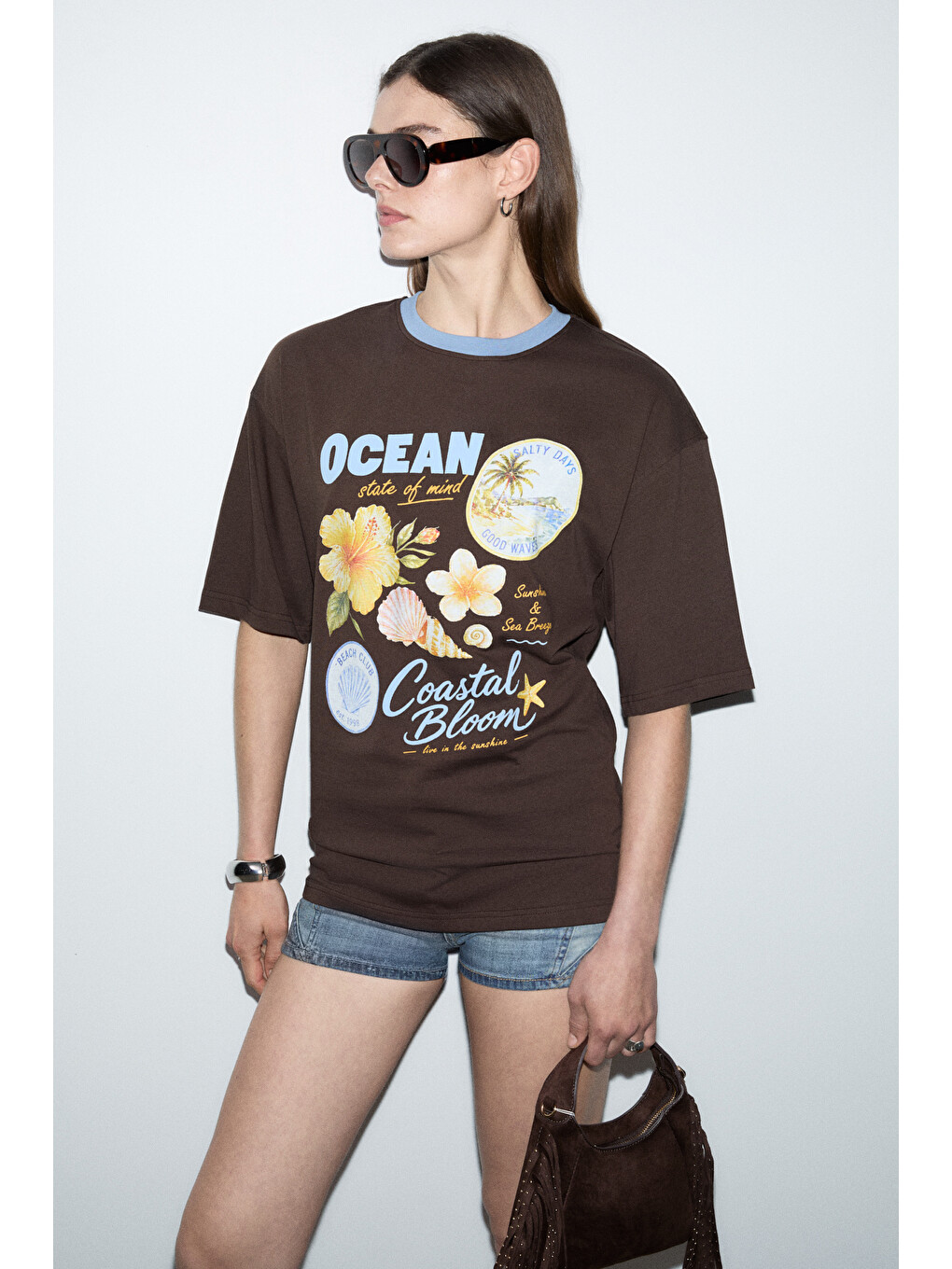 Kahverengi NITZA Kadın %100 Pamuk Oversize Bisiklet Yaka KAHVERENGİ T-Shirt-3