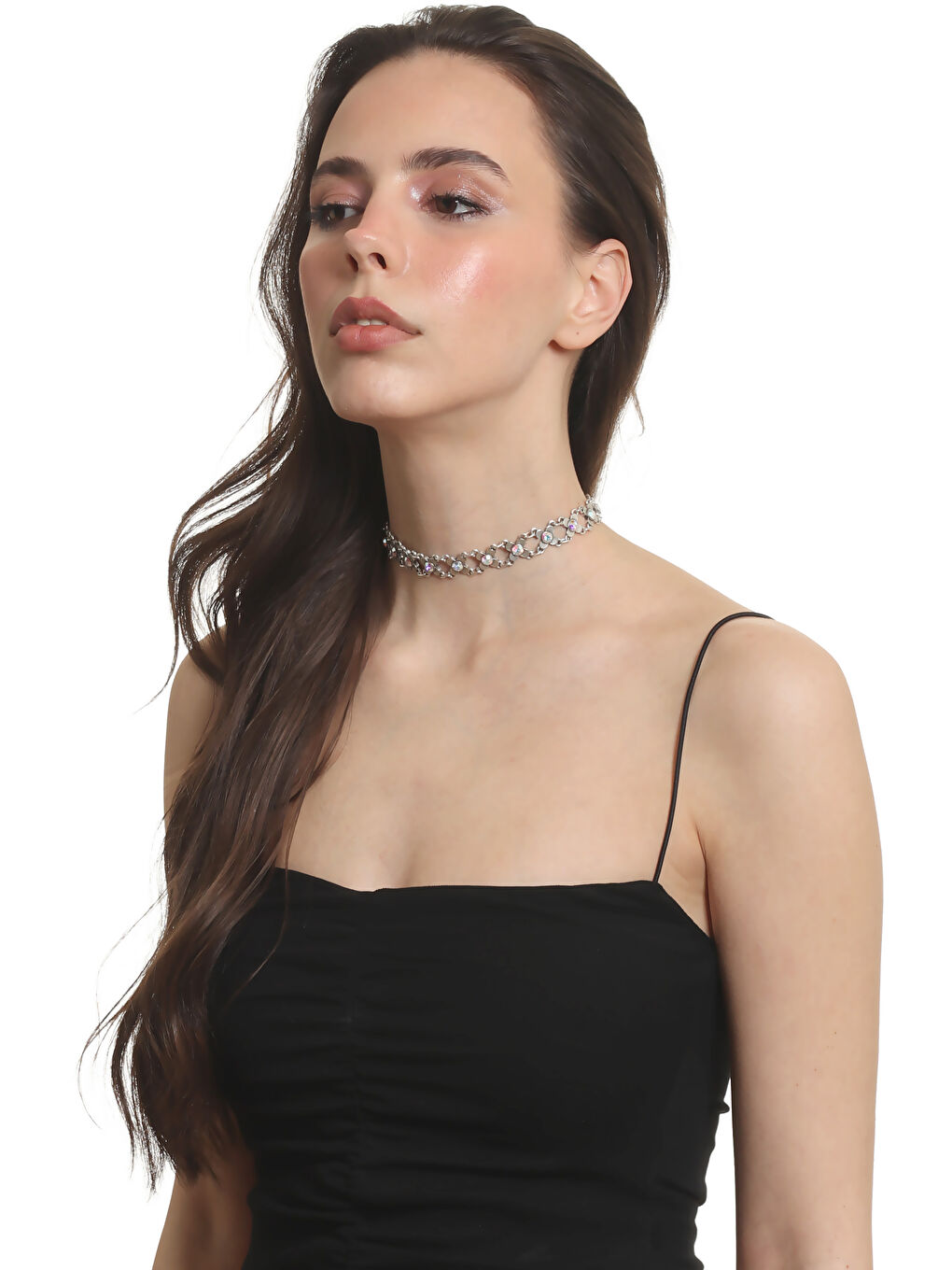 Gri Kadın Antik Gümüş Kaplama Renk Taşlı Choker Tasma Kolye-6