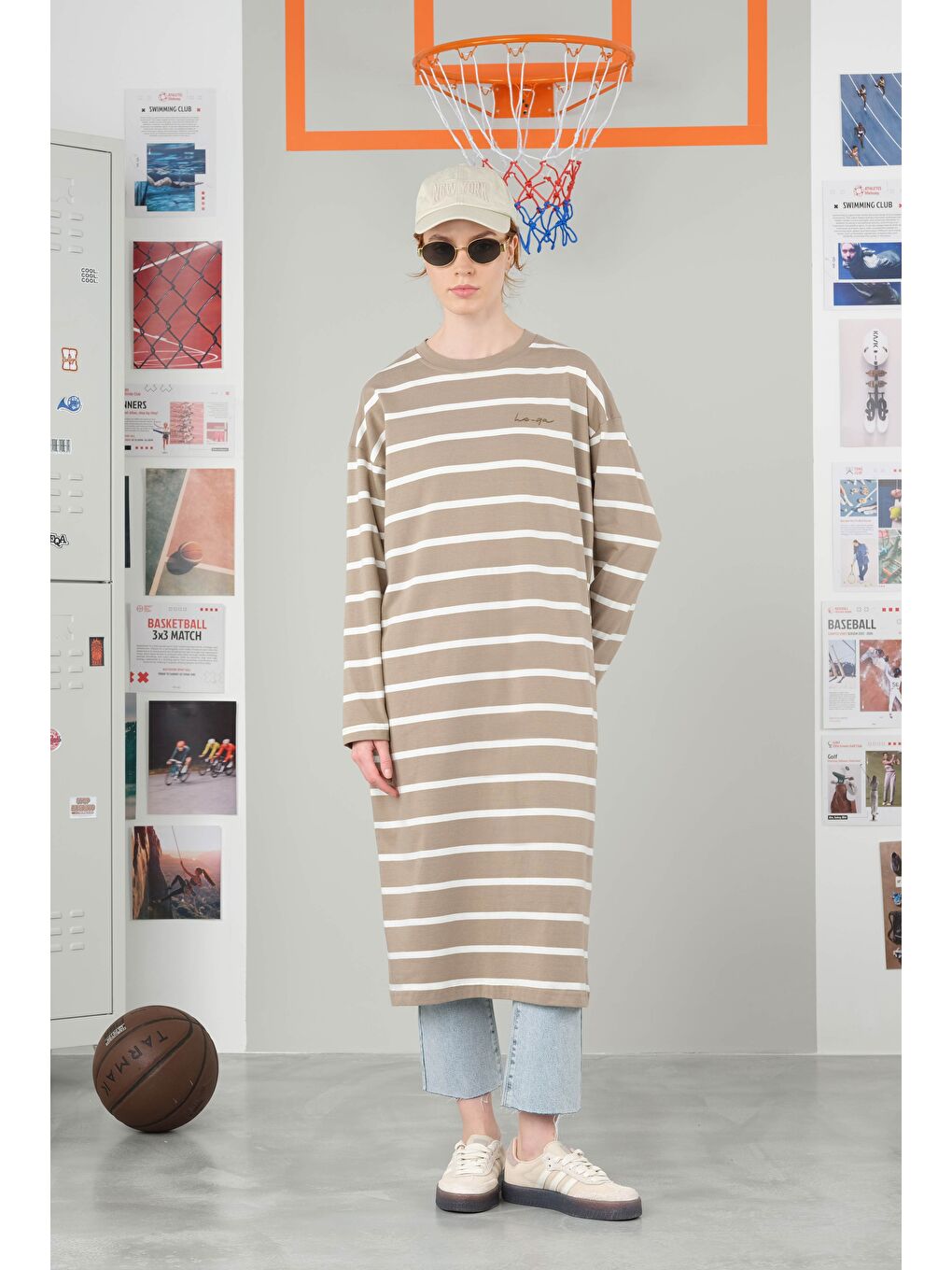 Bej Kalın Çizgili Sweat Uzun Vizon-4