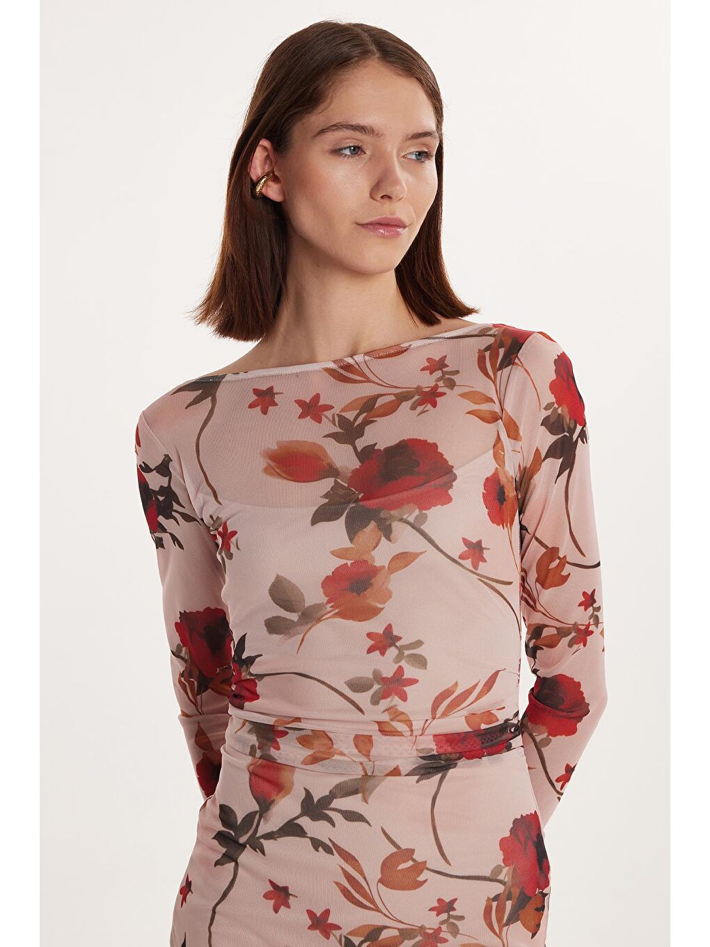 Pembe Kadın Standart Fit Uzun Kollu Bisiklet Yaka Çiçek Baskılı Elbise-1