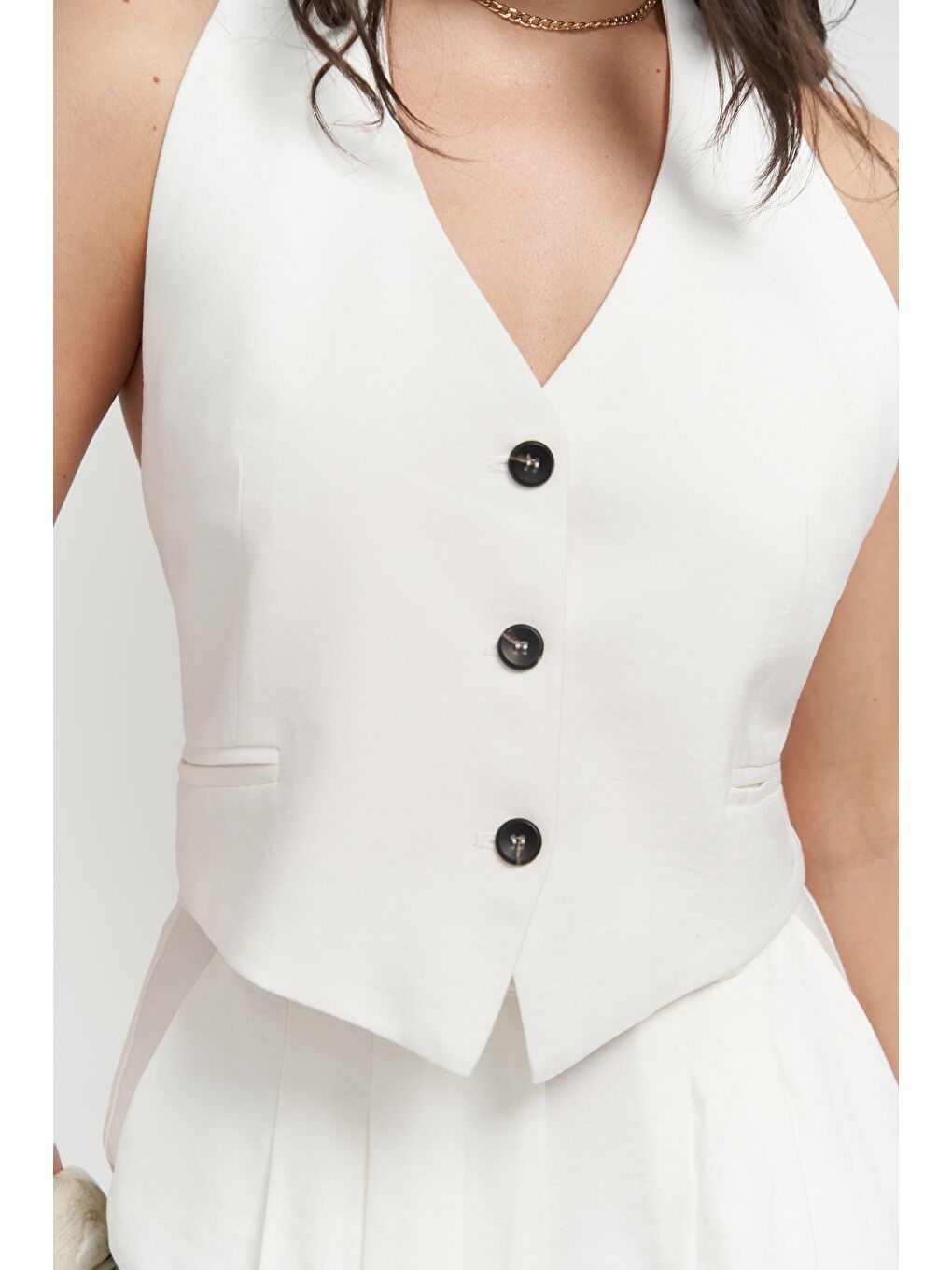 Pailey Sırt Dekolteli Ekru Yelek Pantolon Takım-5