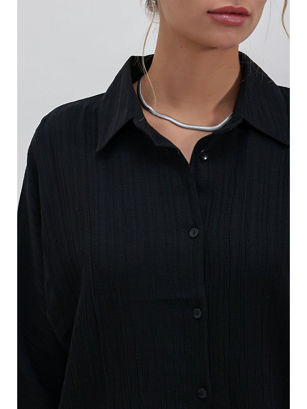 Siyah Uzun kollu Keten Gömlek-2