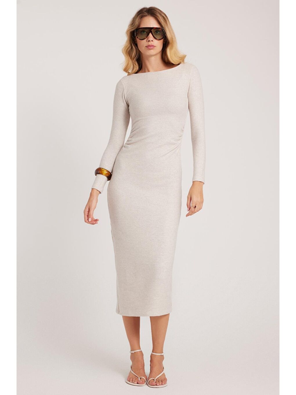 Kadın Slim Fit Dar Kesim Bisiklet Yaka Bej Elbise-3