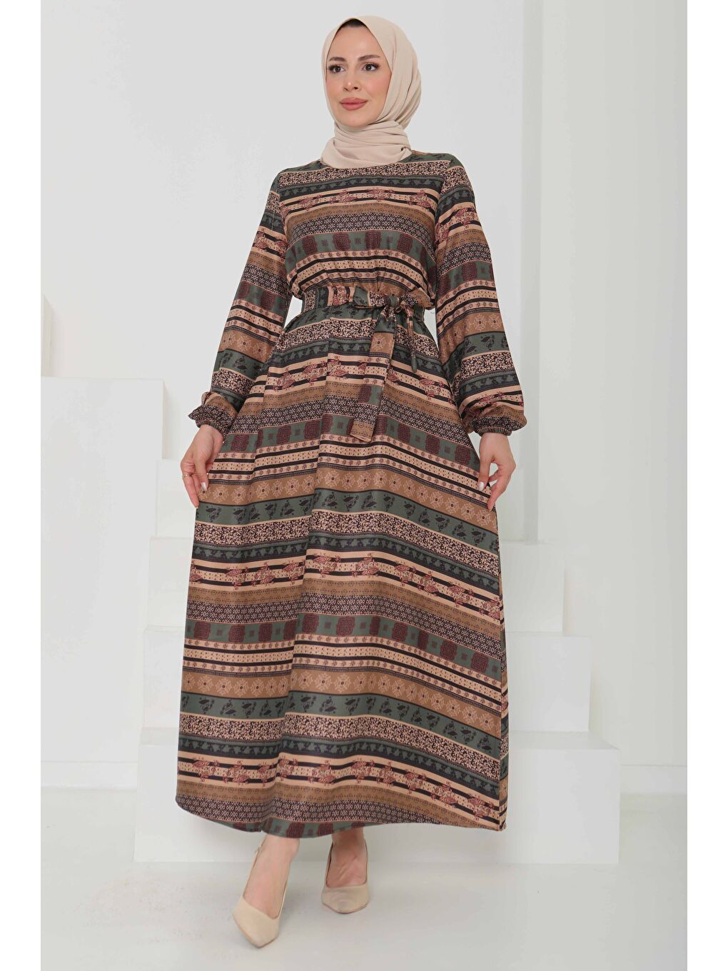 Desenli Kuşaklı Elbise Haki - 27106-1