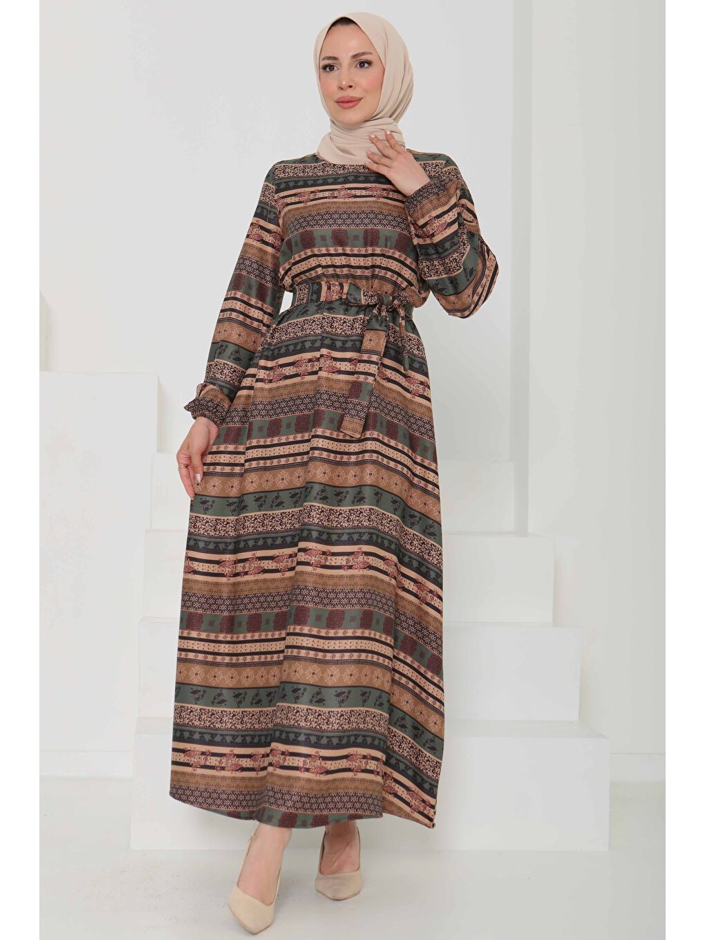 Desenli Kuşaklı Elbise Haki - 27106-2