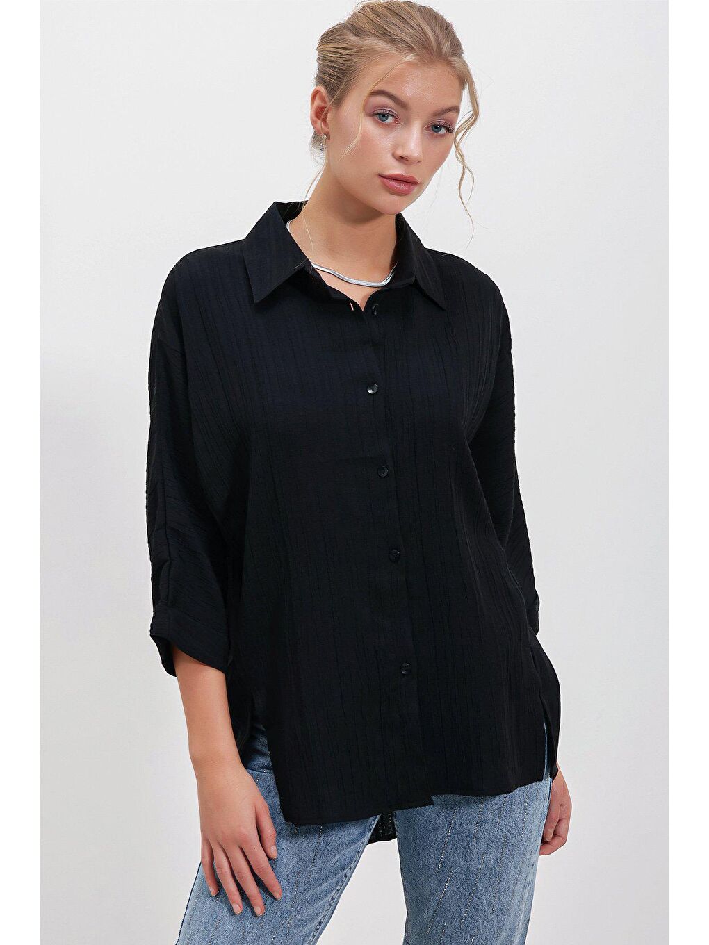 Siyah Uzun kollu Keten Gömlek-3