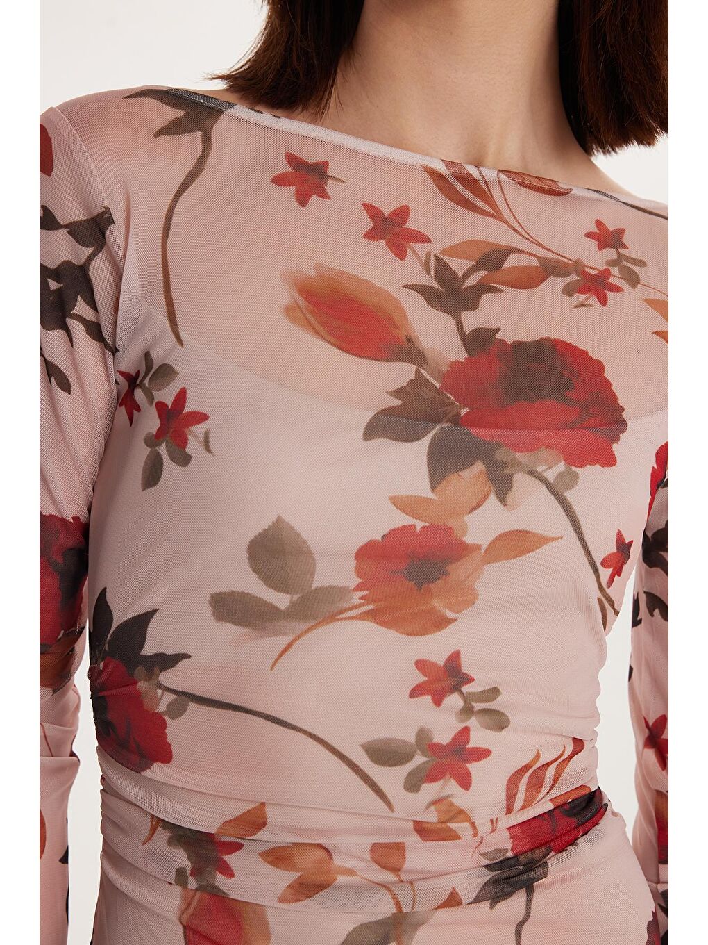 Pembe Kadın Standart Fit Uzun Kollu Bisiklet Yaka Çiçek Baskılı Elbise-2