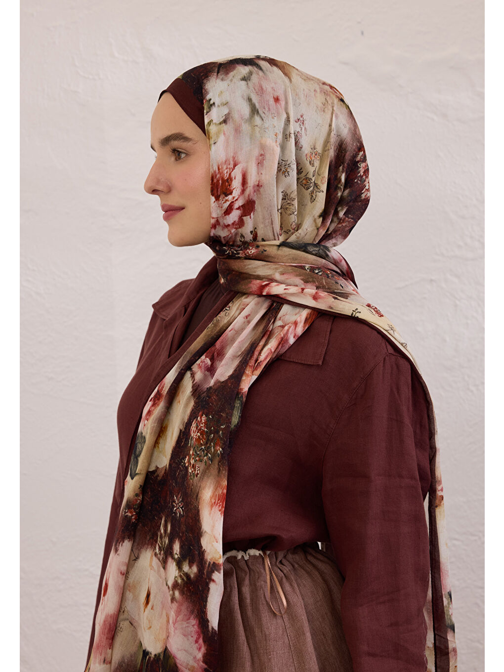 Vıntage Rose Desen Rami Şal Bordo-1