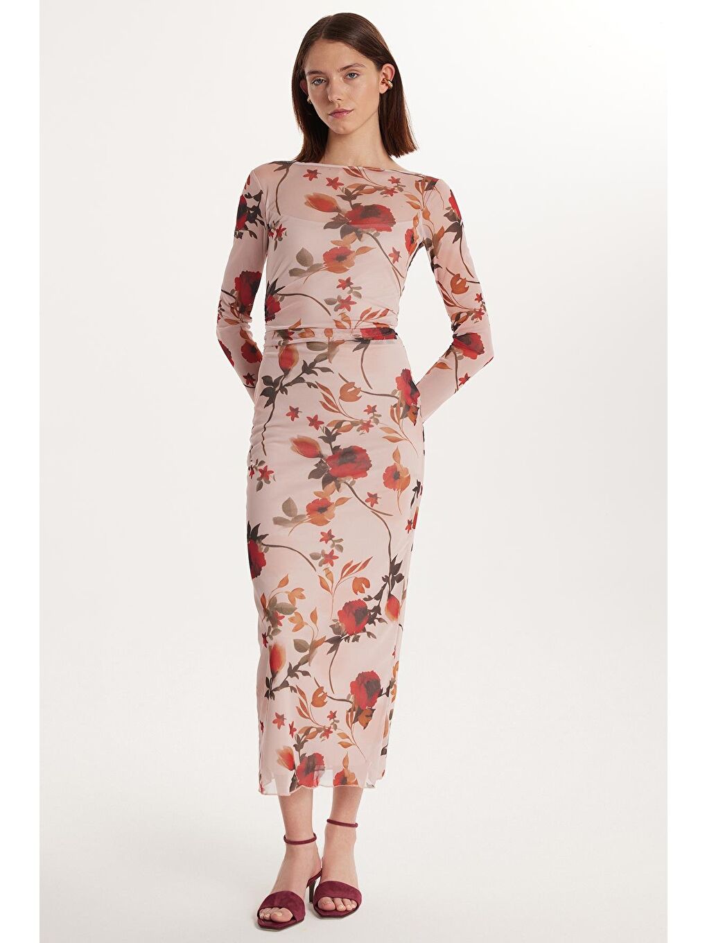 Pembe Kadın Standart Fit Uzun Kollu Bisiklet Yaka Çiçek Baskılı Elbise-3