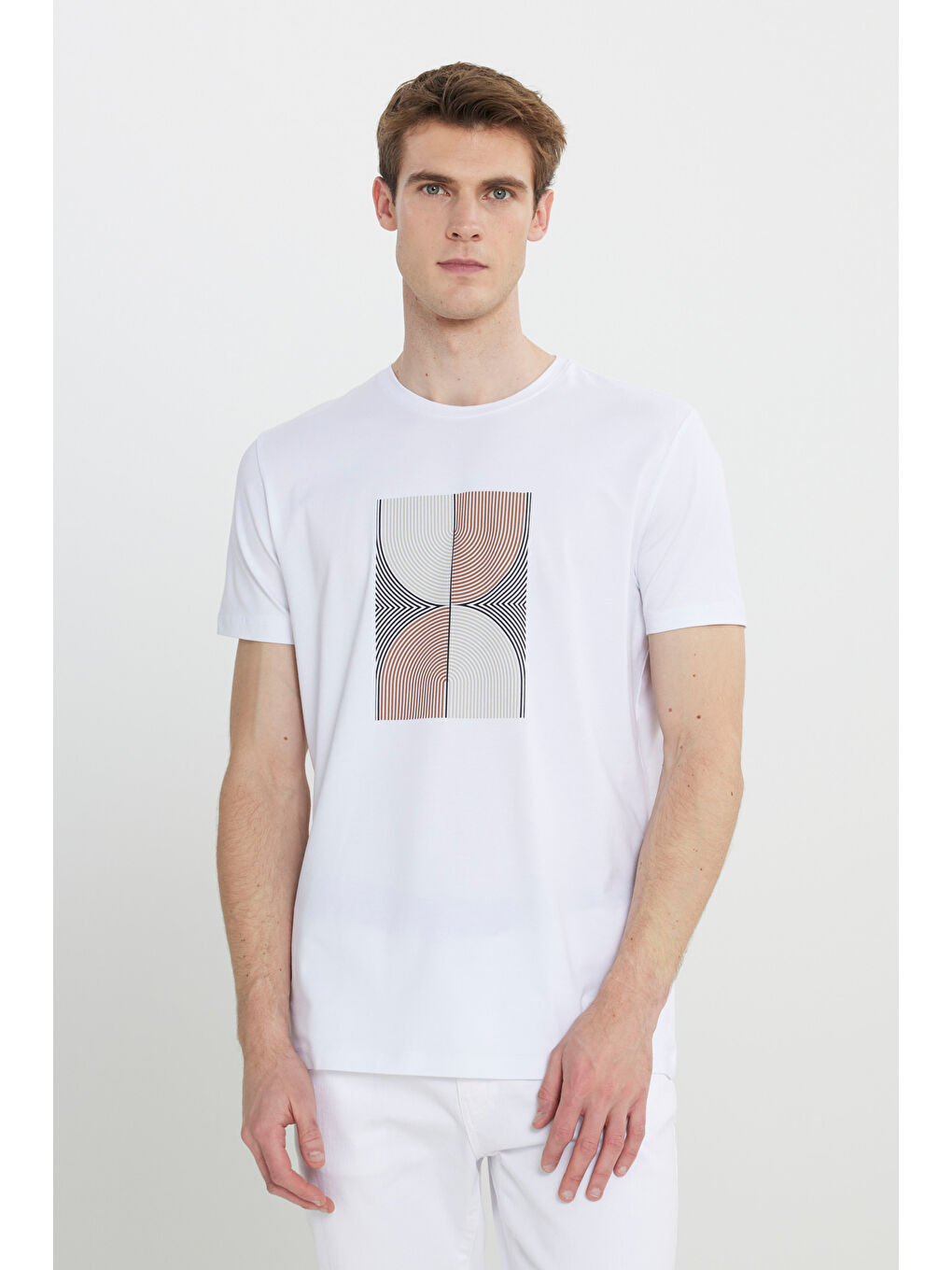 Erkek Beyaz Slim Fit Dar Kesim Pamuklu Esnek Baskılı Bisiklet Yaka Tişört