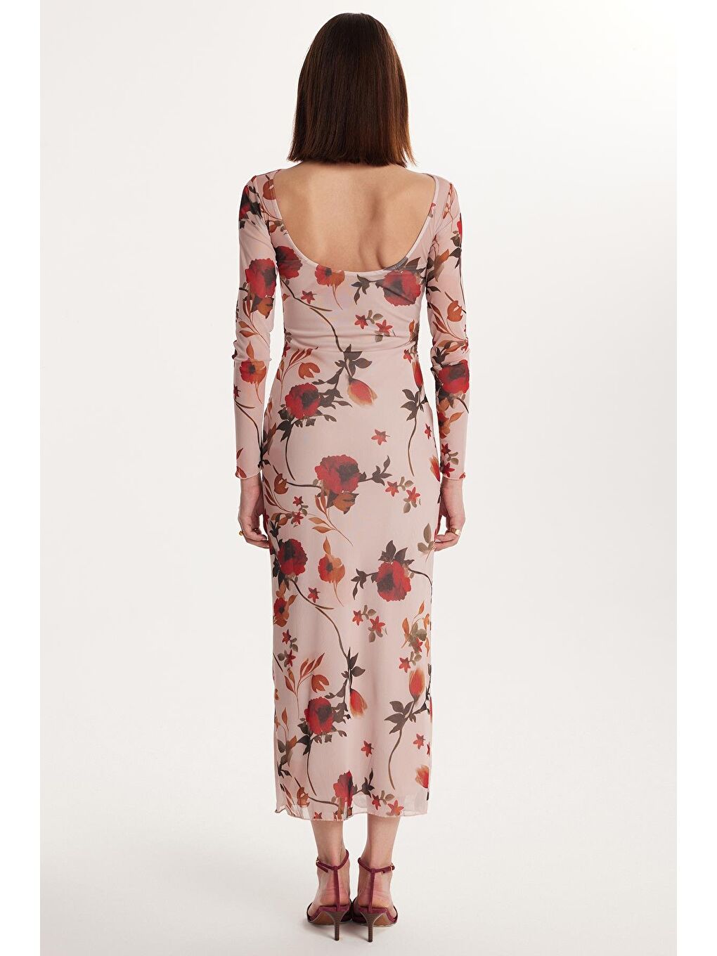 Pembe Kadın Standart Fit Uzun Kollu Bisiklet Yaka Çiçek Baskılı Elbise-4