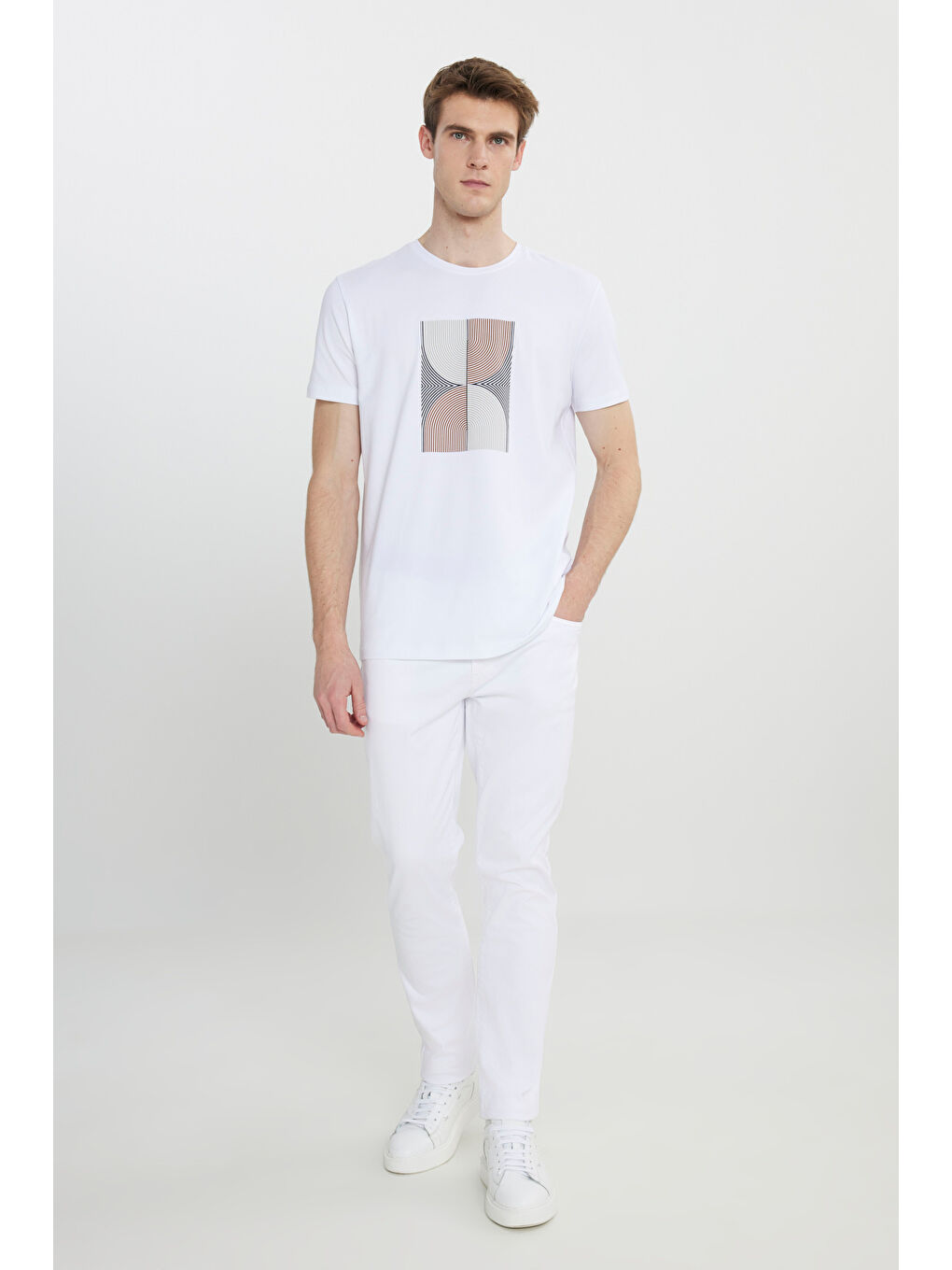 Erkek Beyaz Slim Fit Dar Kesim Pamuklu Esnek Baskılı Bisiklet Yaka Tişört-1