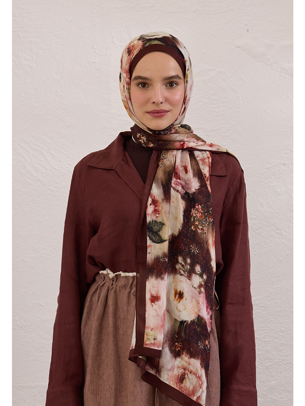 Vıntage Rose Desen Rami Şal Bordo-3