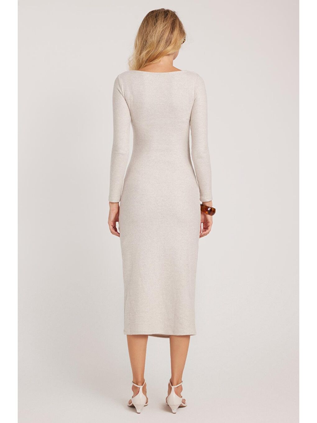 Kadın Slim Fit Dar Kesim Bisiklet Yaka Bej Elbise-6