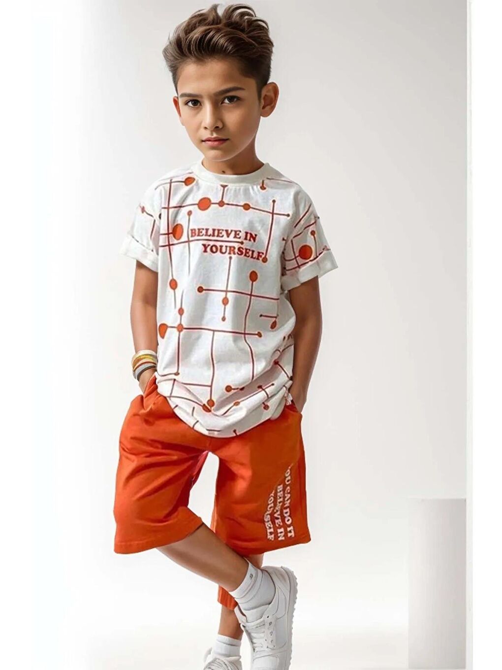 Erkek Çocuk Believe Yazı Baskılı Kısa Kollu Turuncu Şortlu Takım