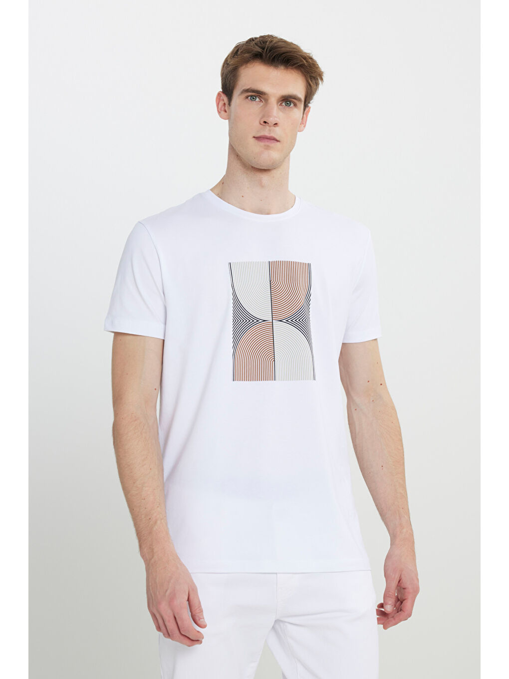 Erkek Beyaz Slim Fit Dar Kesim Pamuklu Esnek Baskılı Bisiklet Yaka Tişört-2