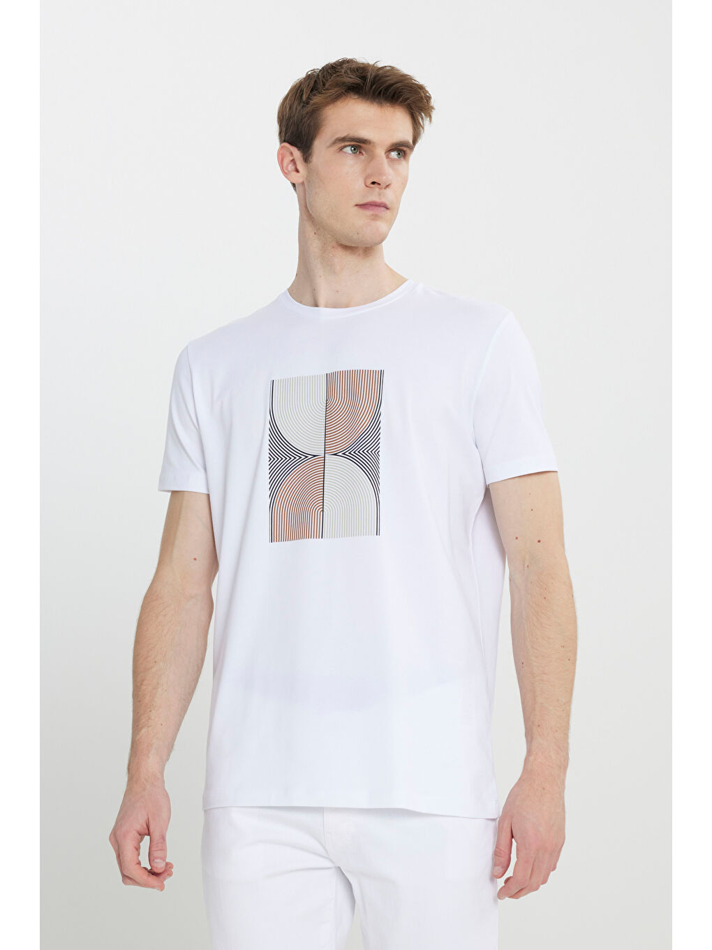 Erkek Beyaz Slim Fit Dar Kesim Pamuklu Esnek Baskılı Bisiklet Yaka Tişört-3