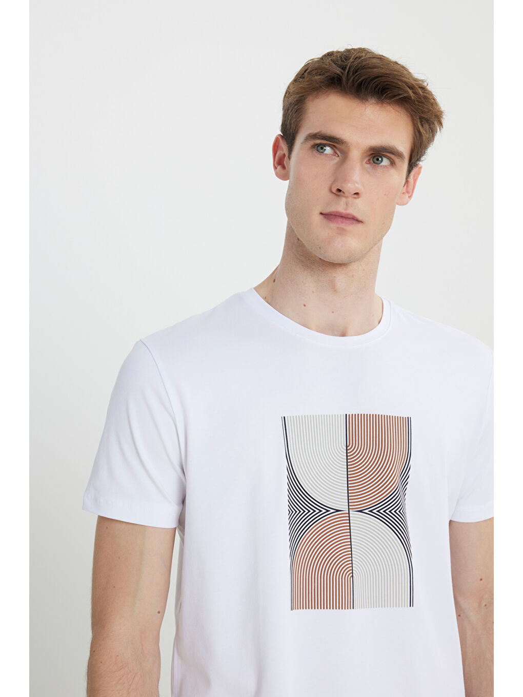 Erkek Beyaz Slim Fit Dar Kesim Pamuklu Esnek Baskılı Bisiklet Yaka Tişört-4