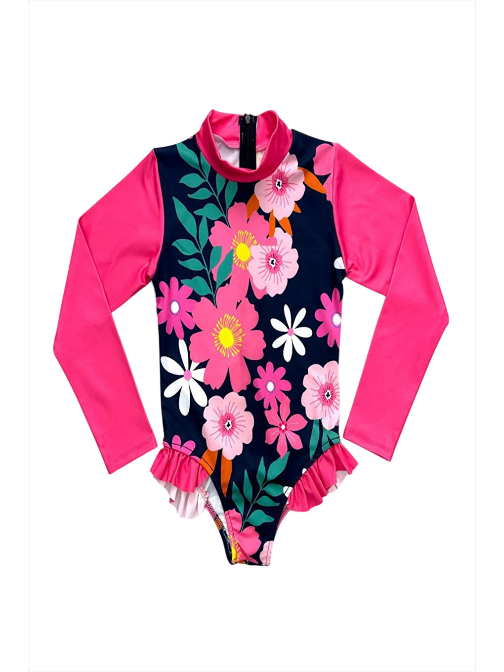 Pembe Fermuarlı Boneli Uzun Kol Kız Çocuk Mayo