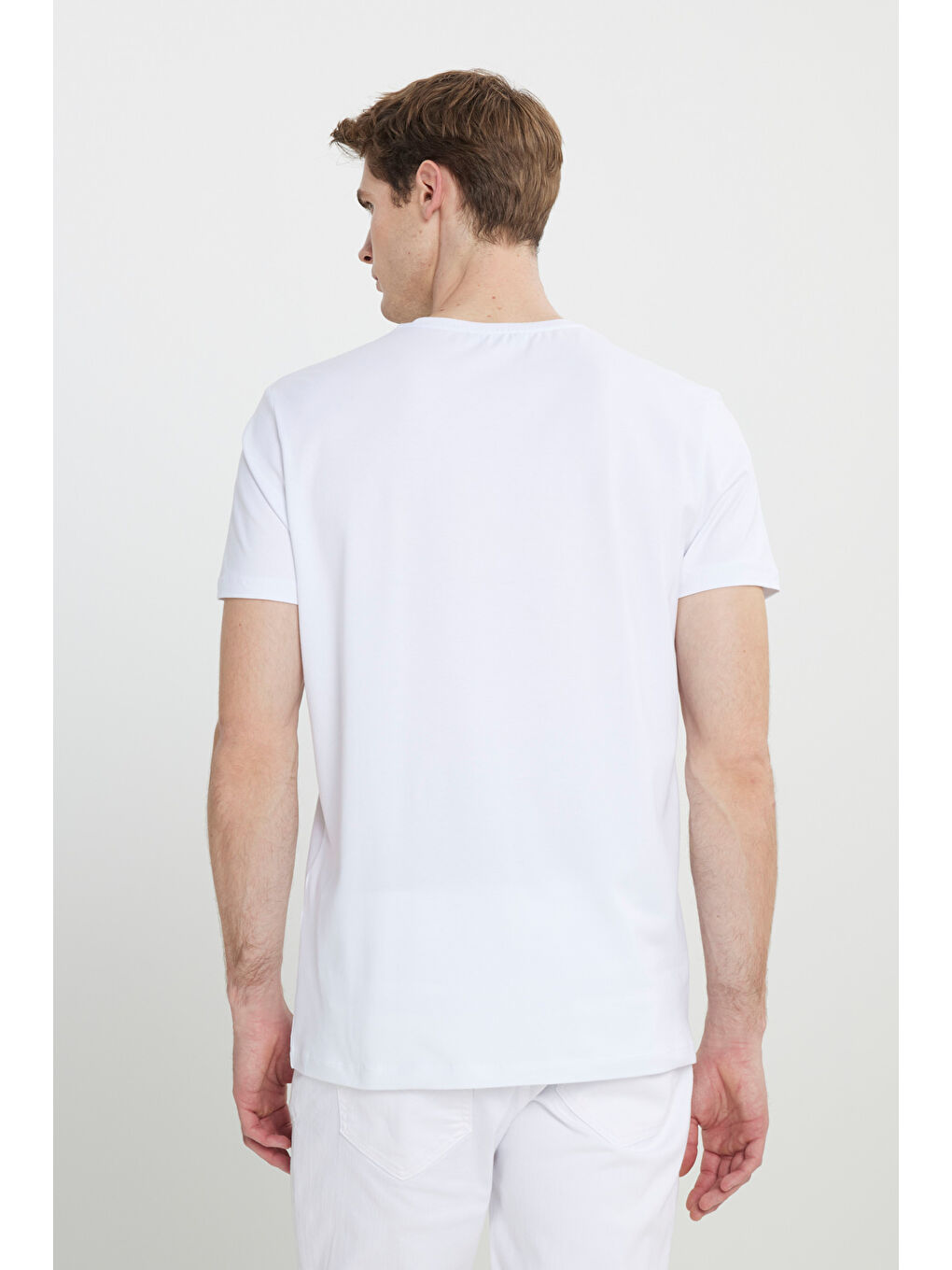 Erkek Beyaz Slim Fit Dar Kesim Pamuklu Esnek Baskılı Bisiklet Yaka Tişört-5