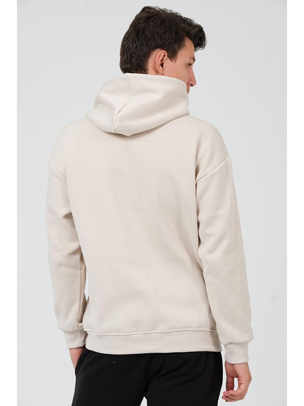 Bej Oversize Fit Kapüşonlu Yaka Kanguru Cepli İçi Yumuşak Tüylü Baskılı  Erkek Hoodie RF0306-4