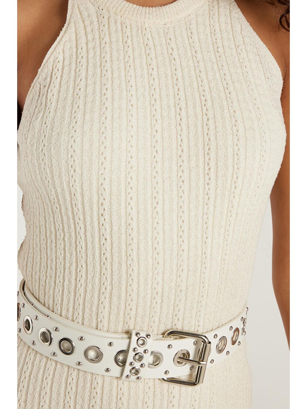 Kadın Slim Fit Dar Kesim Örgü Desen Bisiklet Yaka Ekru Elbise-2