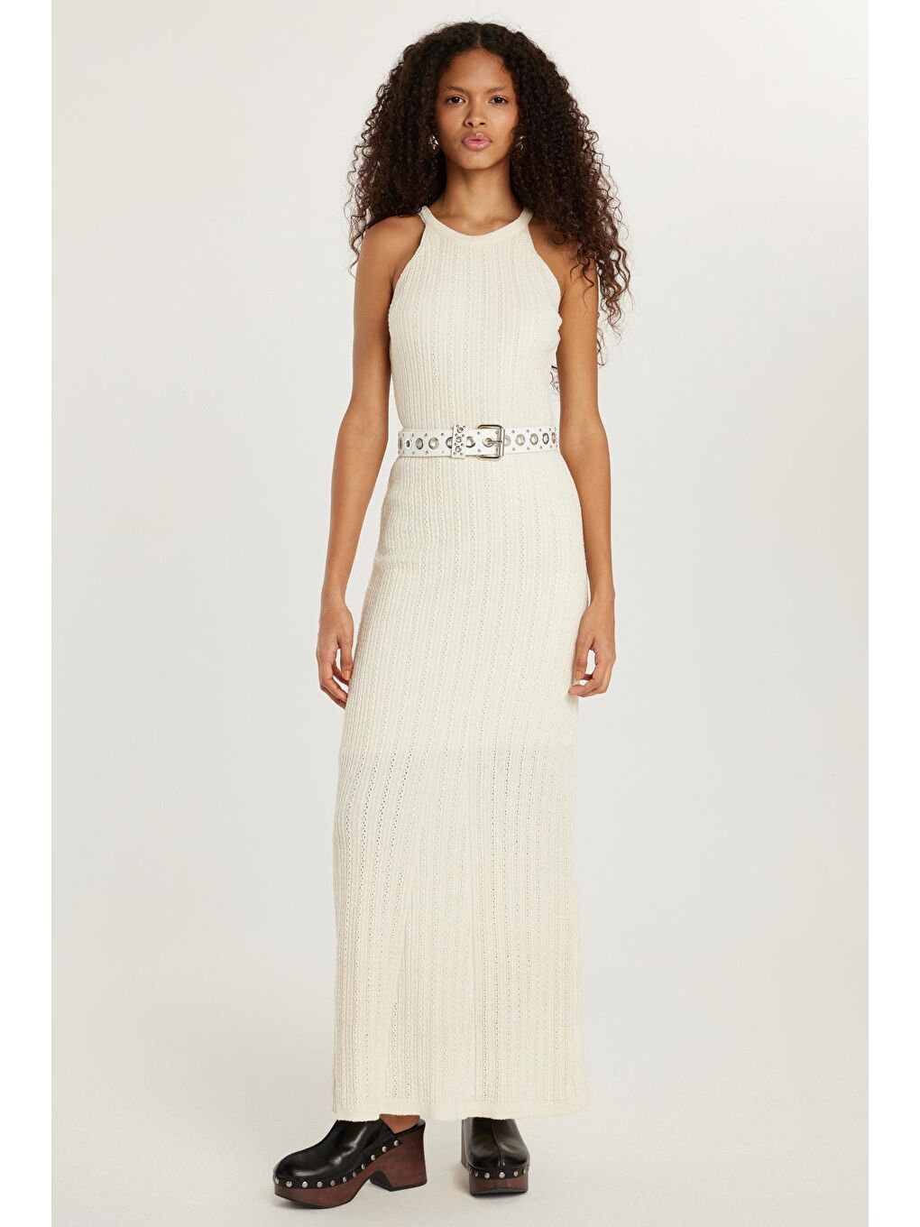 Kadın Slim Fit Dar Kesim Örgü Desen Bisiklet Yaka Ekru Elbise-3