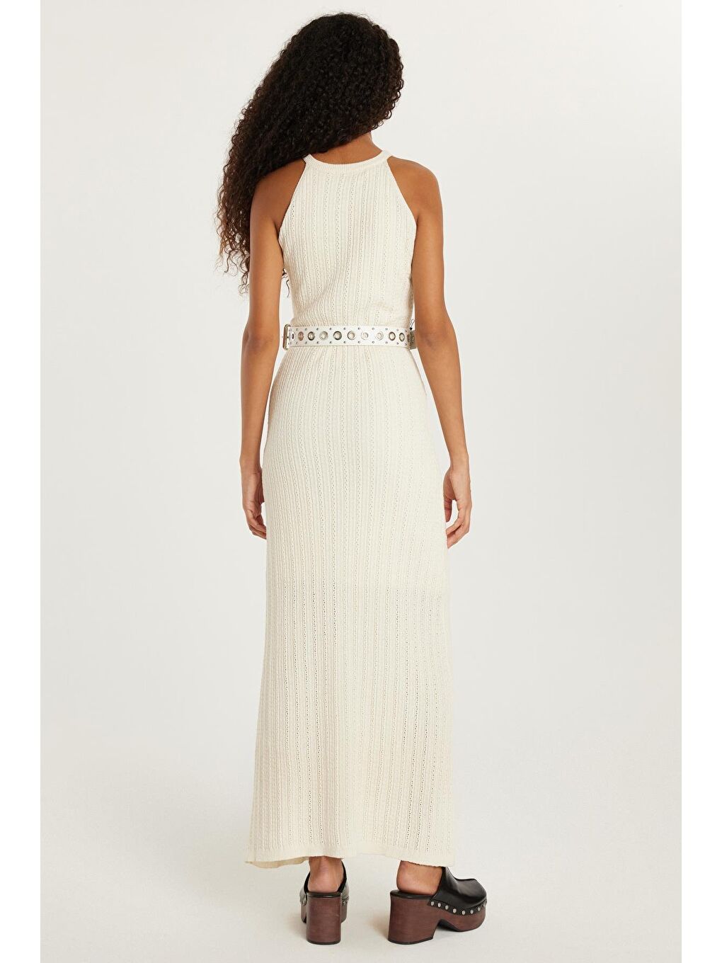 Kadın Slim Fit Dar Kesim Örgü Desen Bisiklet Yaka Ekru Elbise-4