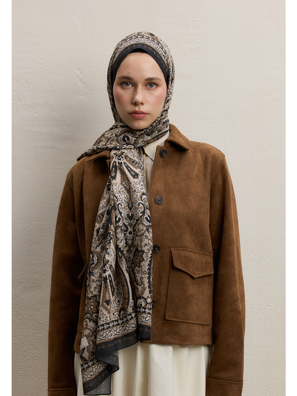 Elegant Desen Şal Bej-1