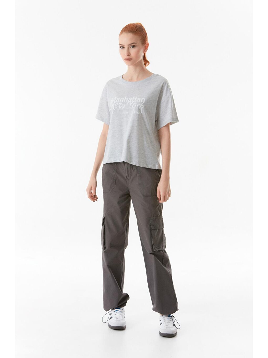 Gri Manhattan New York Baskılı Bisiklet Yaka Tişört-2