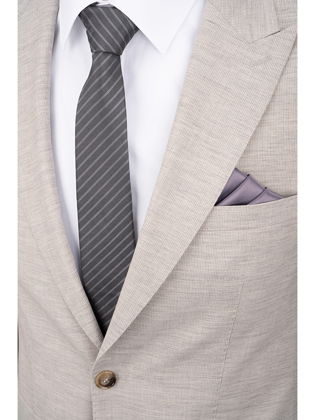 Bej Slim Fit Sivri Yaka Yünlü Takım Elbise-1