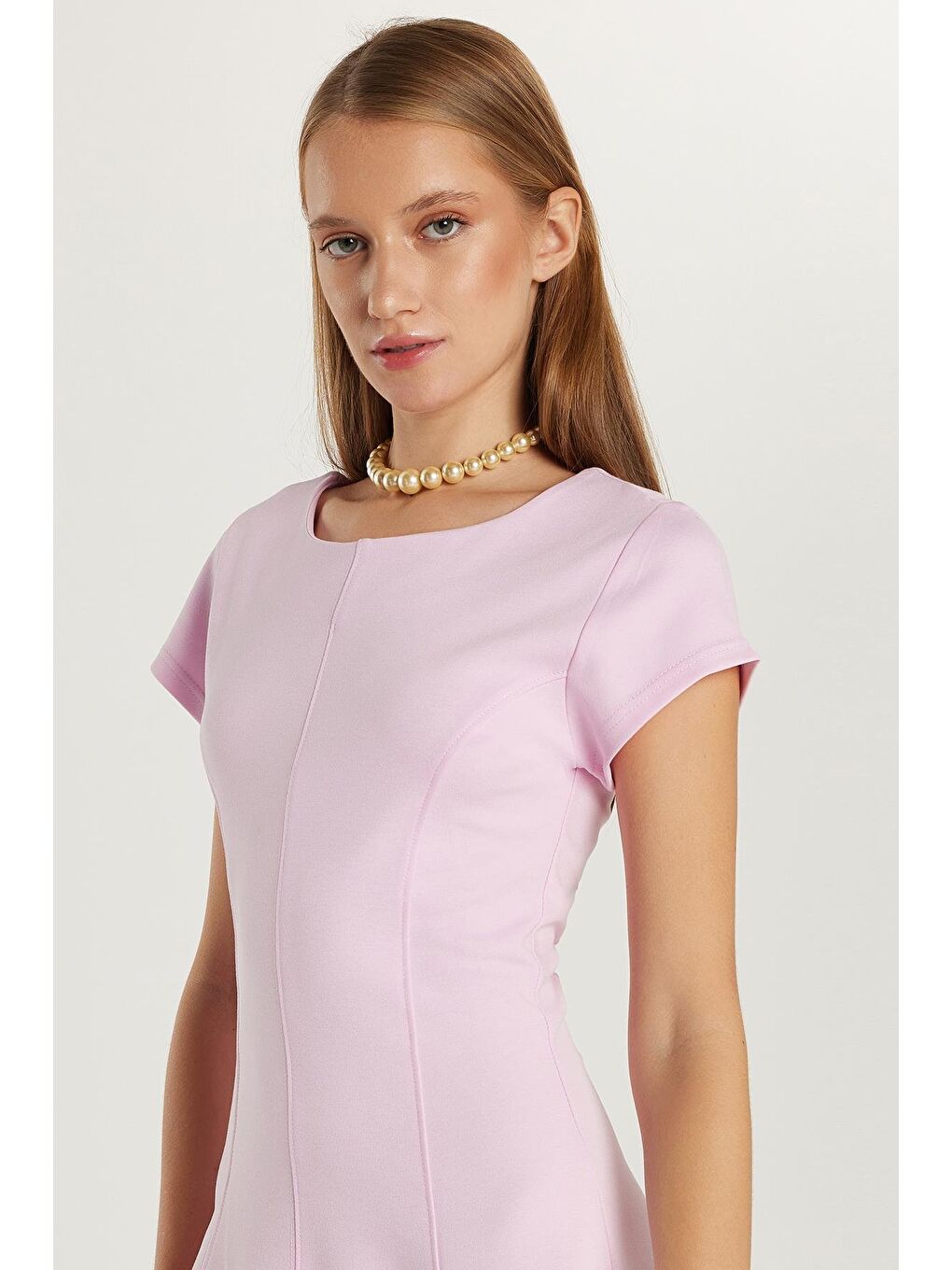 Kadın Standart Fit Kısa Kollu U Yaka Pembe Elbise-1