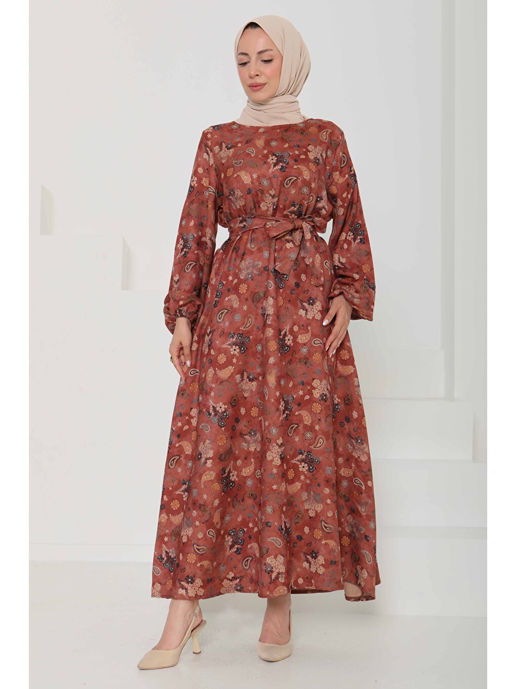 Kahverengi Desenli Kuşaklı Elbise Kiremit - 27101