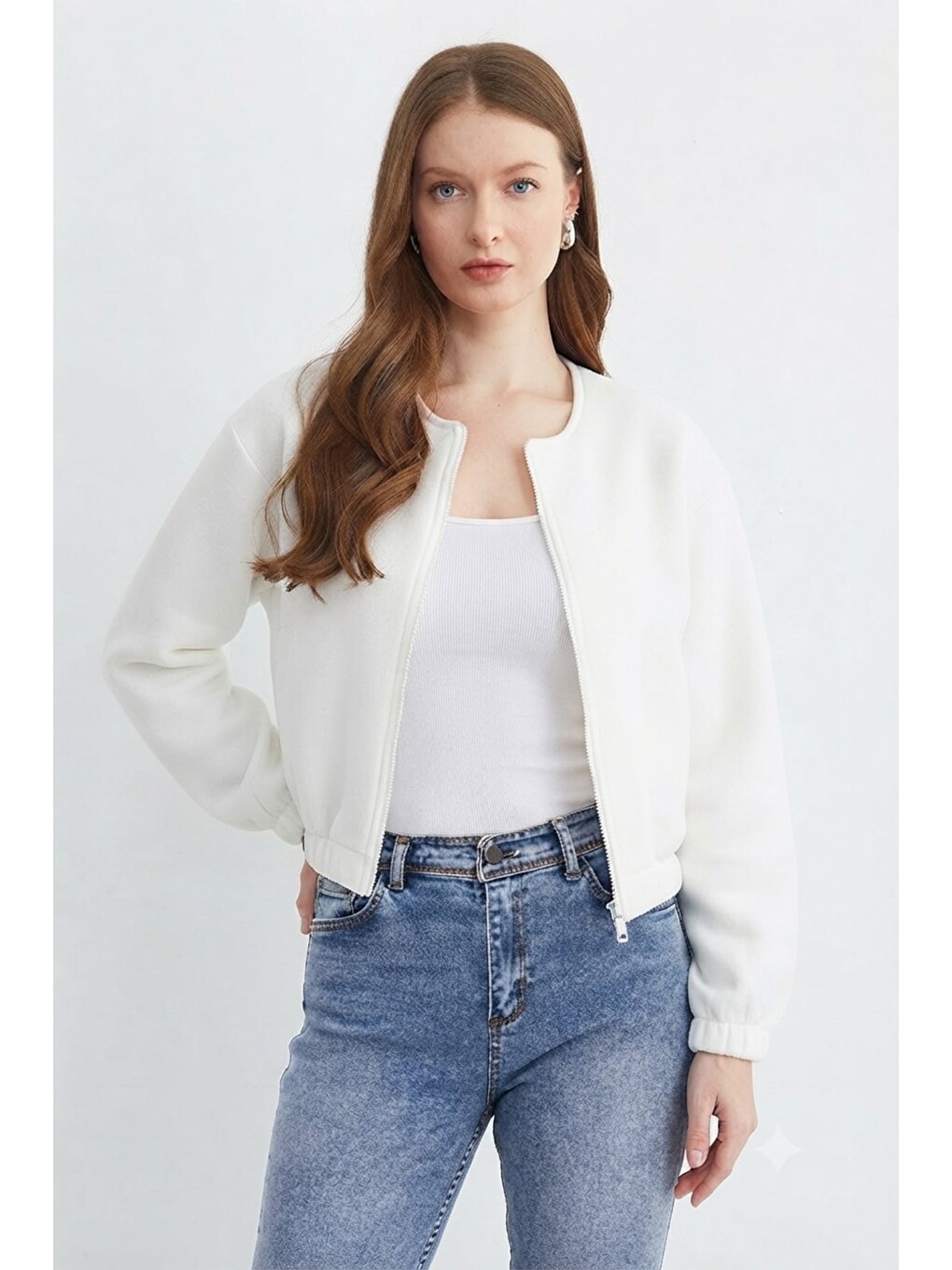 Ekru Fermuarlı Beli Lastikli Crop Ceket-1