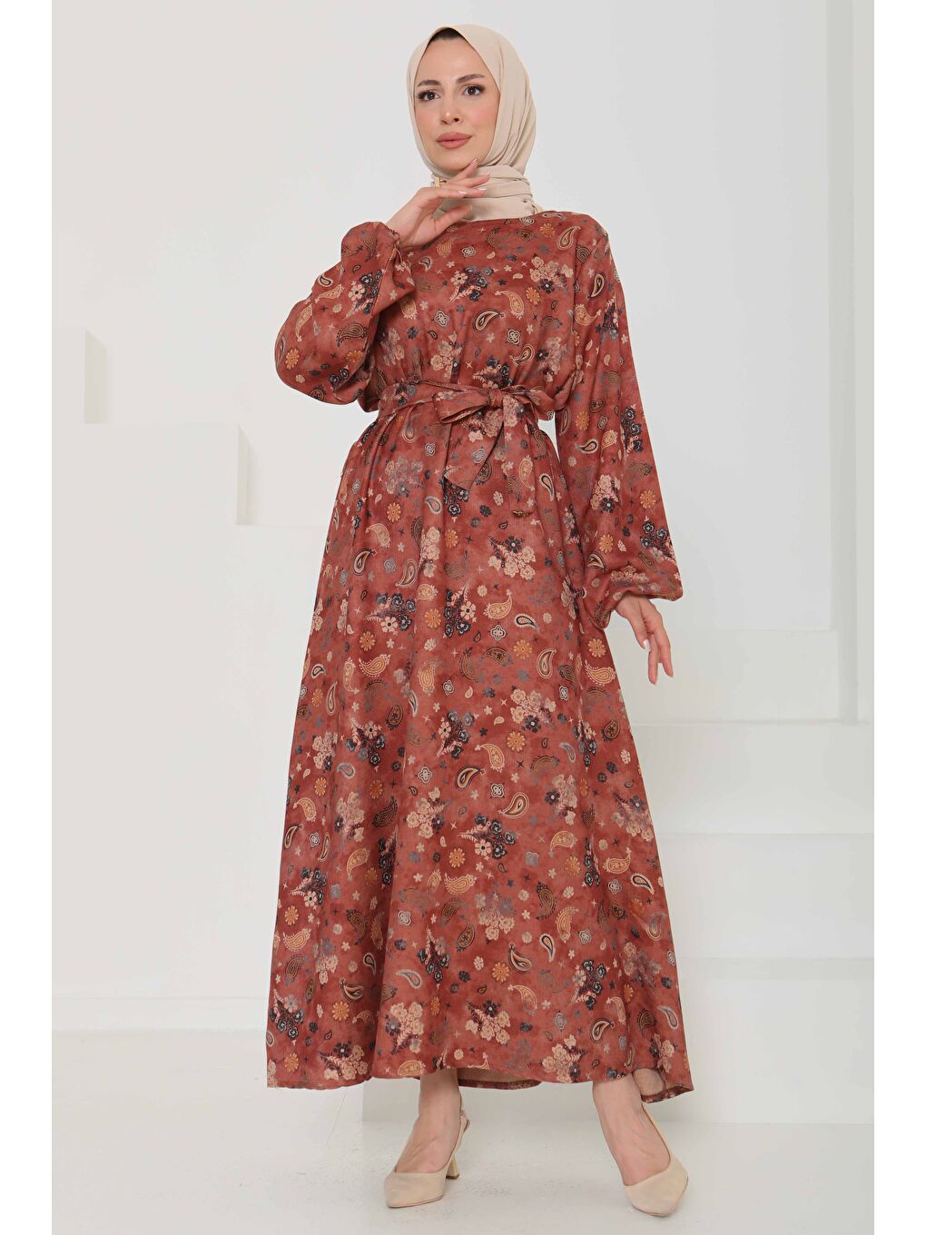 Kahverengi Desenli Kuşaklı Elbise Kiremit - 27101-1