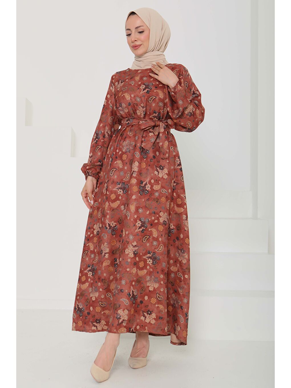 Kahverengi Desenli Kuşaklı Elbise Kiremit - 27101-3