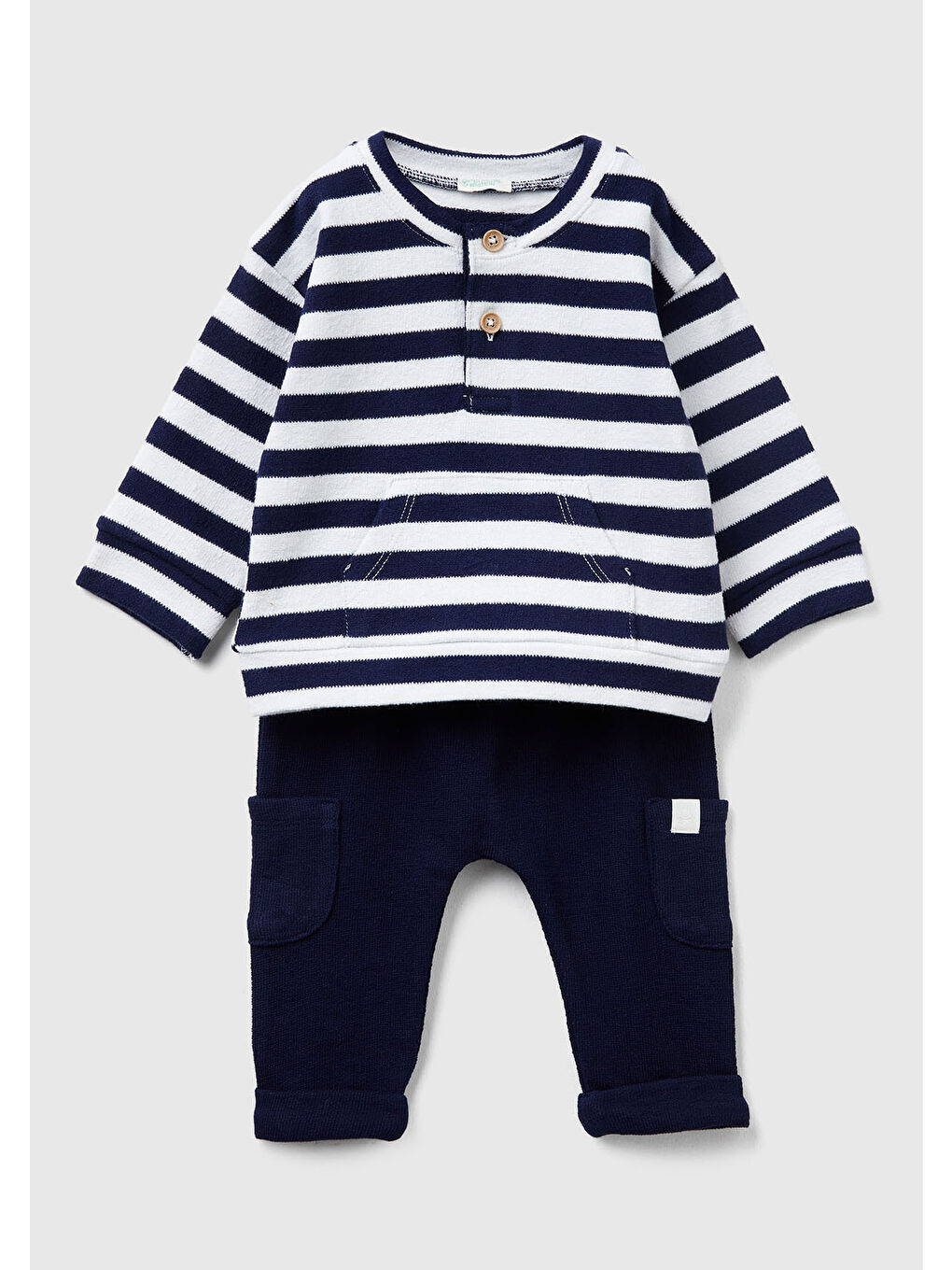 Bebek Lacivert-Beyaz Çizgili Çizgili Sweatshirt ve Kese Cepli Pantolon Takım