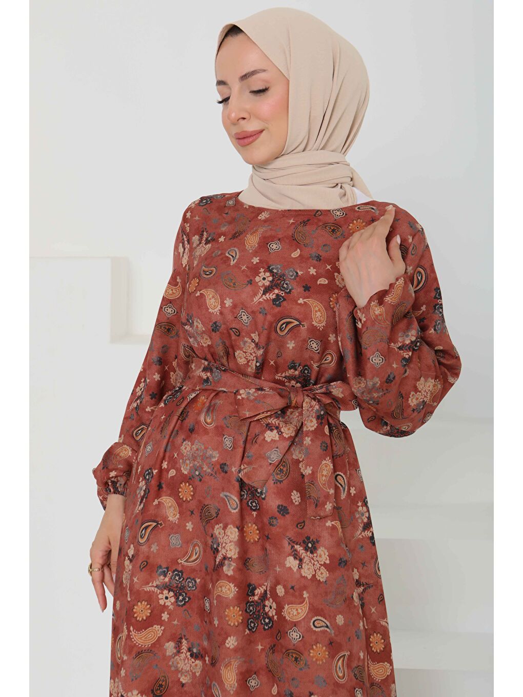 Kahverengi Desenli Kuşaklı Elbise Kiremit - 27101-4