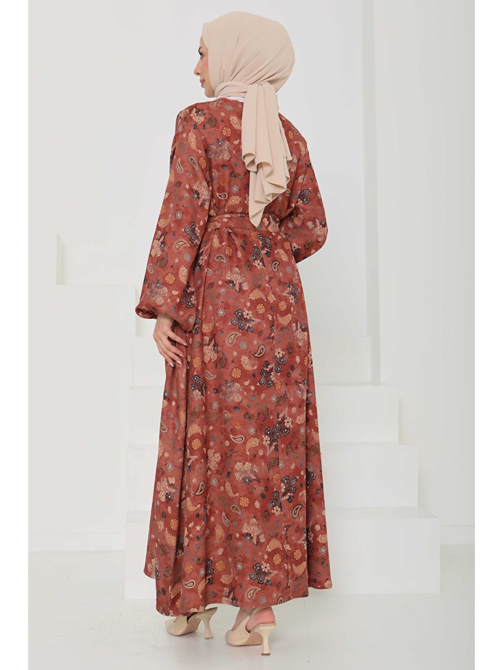 Kahverengi Desenli Kuşaklı Elbise Kiremit - 27101-5