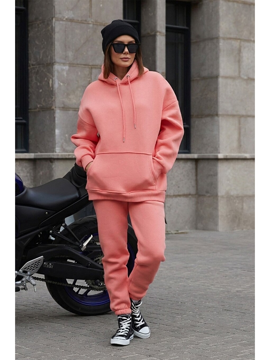 Pembe 3 İplik Kapüşonlu Beli Lastikli 2 Li Takım
