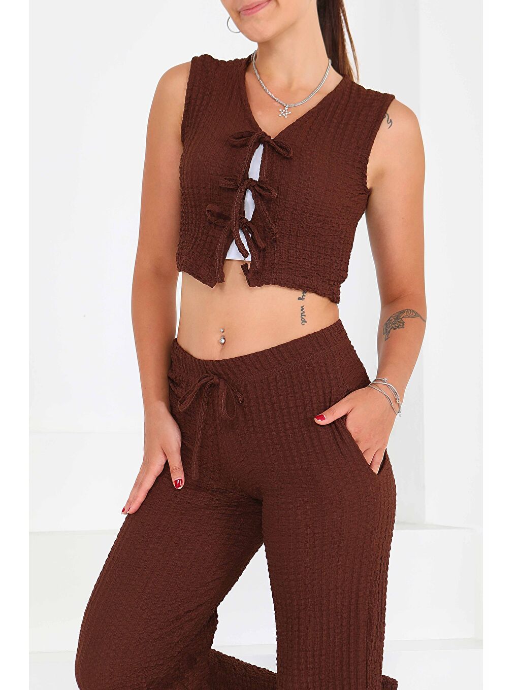 Kahverengi Önü Bağlamalı Takım Kahve - 27537-1