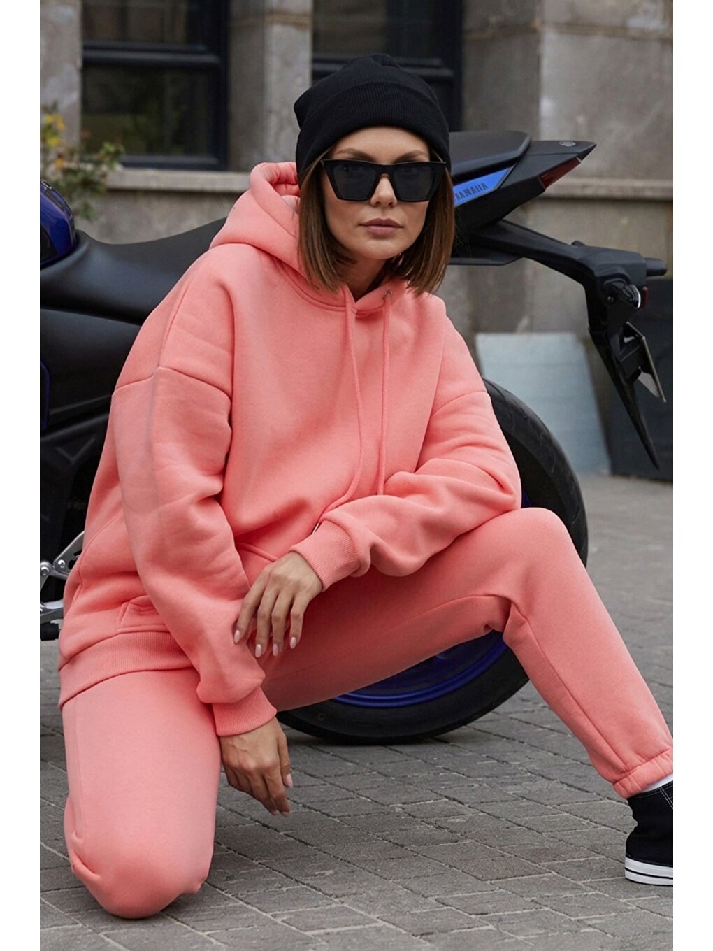 Pembe 3 İplik Kapüşonlu Beli Lastikli 2 Li Takım-1