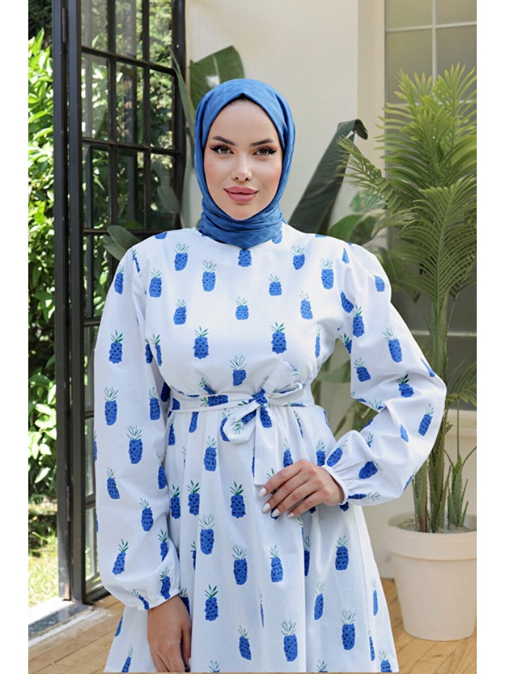 Mavi Desenli Kolu Büzgülü Elbise Saks - 26647-2