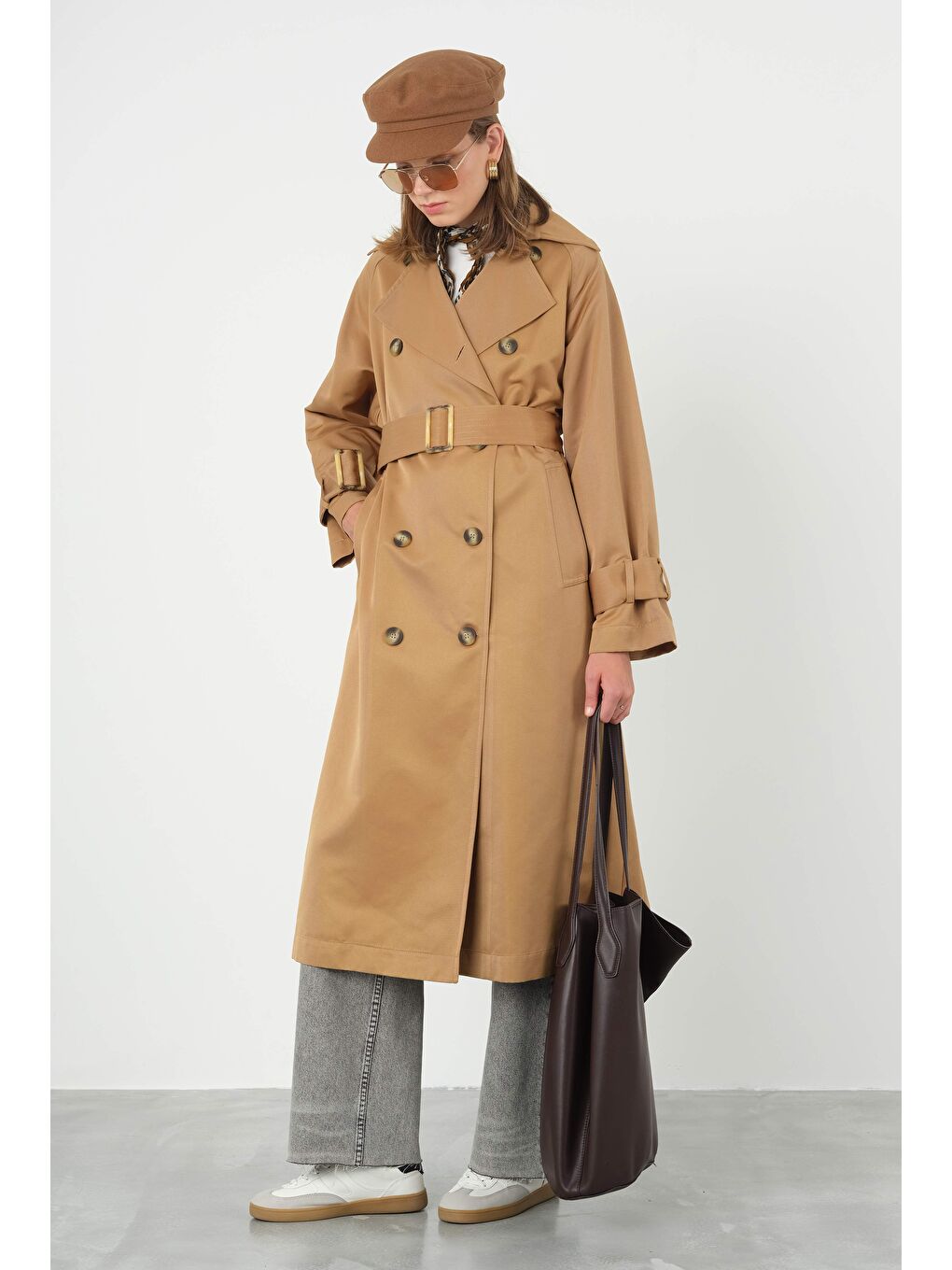 Kahverengi Kemeri Tokalı Trençkot Camel-2