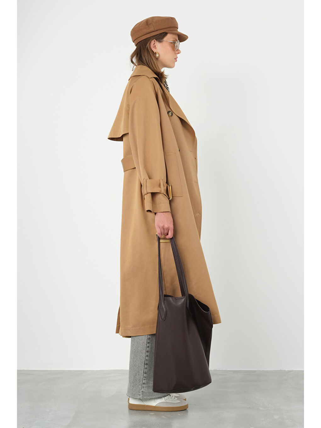 Kahverengi Kemeri Tokalı Trençkot Camel-3