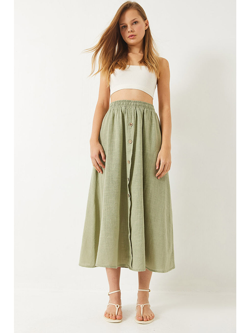 Yeşil Kadın Düğme Detaylı Beli Lastikli Kısa Astarlı Keten Etek